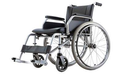 Fototapeta premium Lightweight manual wheelchair with silver frame and black seat, a mobility aid for disabled individuals, isolated on transparent background, for transportation