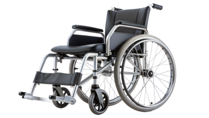 Lightweight manual wheelchair with silver frame and black seat, a mobility aid for disabled individuals, isolated on transparent background, for transportation