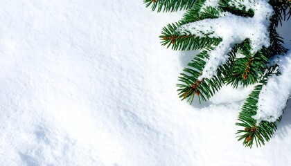 Christmas white background with snow and christmas tree branch, flat lay, top view