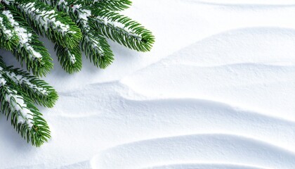 Christmas white background with snow and christmas tree branch, flat lay, top view