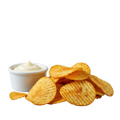 Crisp, golden-brown ridged potato chips piled beside a white ceramic ramekin with creamy aioli, on a seamless transparent studio background, concept for gourmet snack advertising