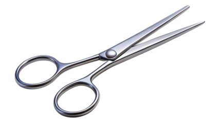 Shiny metal scissors isolated on transparent background used for cutting paper, hair, or fabric with sharp blades and comfortable finger holes for precision