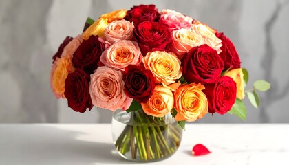 A colorful rose bouquet in a clear vase on a white table against a marble wall