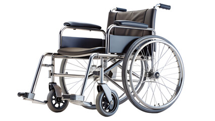 Standard manual wheelchair with black seat and silver frame, a mobility aid for disabled individuals, isolated on transparent background, for assistance