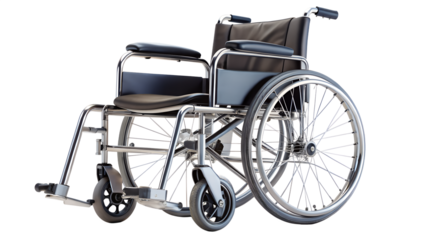 Standard manual wheelchair with black seat and silver frame, a mobility aid for disabled individuals, isolated on transparent background, for assistance
