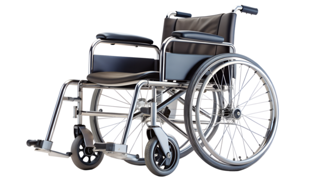 Standard manual wheelchair with black seat and silver frame, a mobility aid for disabled individuals, isolated on transparent background, for assistance
