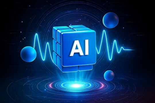 Futuristic ai cube glowing with neon blue light and sound waves in a dark digital space