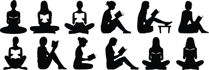 Reading silhouettes, seated figures, book lovers, relaxed posture, educational icons, black design, contemplative pose, study moment, quiet activity, literary theme