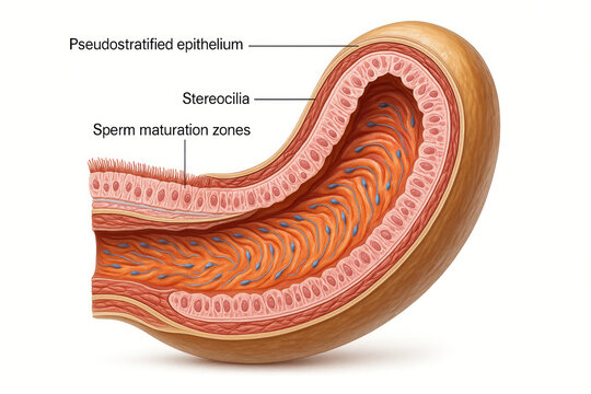 Anatomical illustration of the epididymis showing pseudostratified epithelium, stereocilia, and sperm maturation zones with numerous sperm cells.