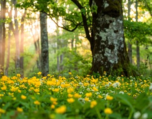 Sunny forest floor with wildflowers