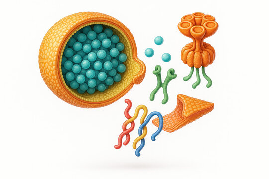 Scientific illustration of biological molecules and processes, including a vesical packed with vesicles, proteins, and other cellular components.