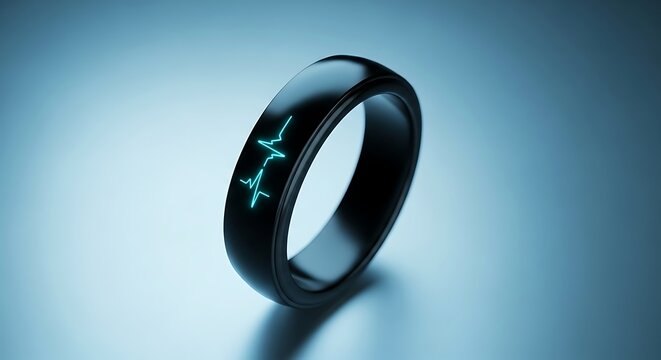 Sleek black smart ring with glowing blue accents on a soft blue background