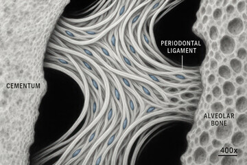 Illustration of periodontal ligament fibers connecting cementum and alveolar bone, with magnification detail.