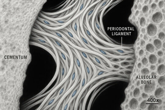 Illustration of periodontal ligament fibers connecting cementum and alveolar bone, with magnification detail.