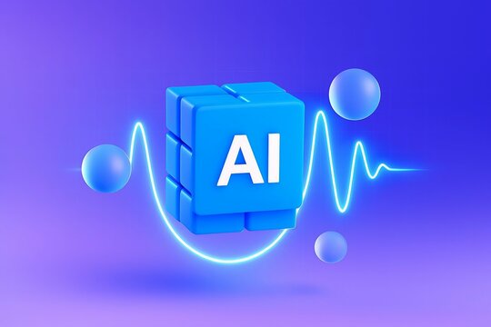 Futuristic blue cube with ai logo surrounded by glowing neon wave and spheres on purple background