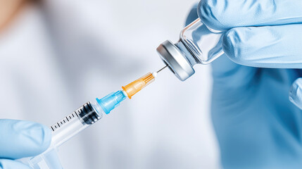 Nurse preparing to give injection or vaccination to patient in medical clinic, close up of syringe filled with sample and hands in gloves