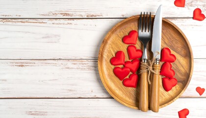 Romantic dinner setting with red hearts