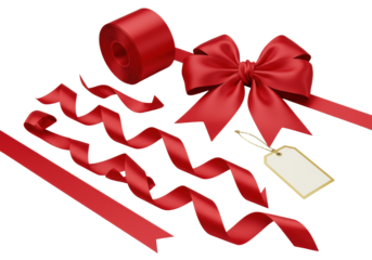 Luxurious, vibrant red satin ribbons and elegant bows, large classic red satin bow with cascading tails, wavy segments, gold-edged white gift tag on solid transparent. Concept of refined gifting.