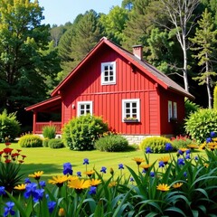 Classic Swedish red wooden house nestled amongst lush greenery, idyllic countryside setting, cabin, rural, summer