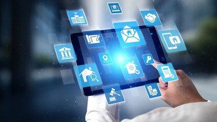 Online property search icons showing real estate rent, sale, housing, location, property management, key, contract, mortgage, home loan, and housing market. Gist