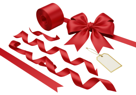 Luxurious, vibrant red satin ribbons and elegant bows, large classic red satin bow with cascading tails, wavy segments, gold-edged white gift tag on solid transparent. Concept of refined gifting.
