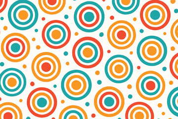 Vibrant seamless pattern of colorful concentric circles and dots on a white background