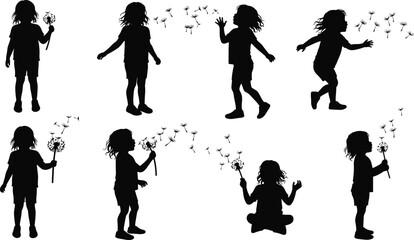 Silhouette child with dandelion, blowing seeds in the wind, playful outdoor activity, childhood innocence, nature springtime joy, kids flower illustration vector