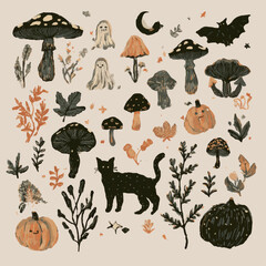 Vector set of halloween mushrooms branches bats cats leaves flowers pumpkins ghosts sweets and creepy nature isolated on cream background.