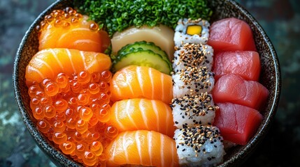 Sushi bowl w/salmon, tuna, roe, veggies, rice