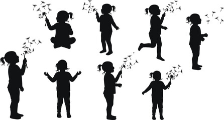 Silhouette little girl blowing dandelion, childhood innocence, playing outdoor, summer fun, freedom, nature, happiness, carefree moment, growth, imagination