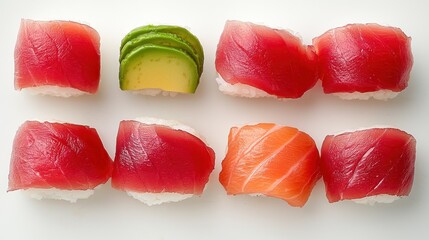 Sushi rolls arranged on a white background