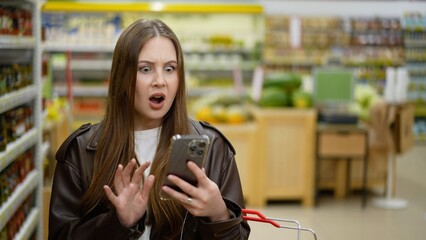 Shocked woman looking at smartphone in a grocery store, reacting to high prices, inflation, or financial news while shopping for food