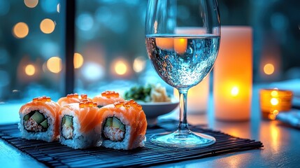 Sushi rolls with glass of water, candlelight on table