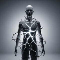 Inner Torment: Body Cracking with Light Surrounded by Thorns, Abstract Emotional Pain