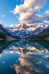 Majestic mountain range reflected in a serene lake, creating a breathtaking landscape of tranquility and natural beauty, landscape, calm
