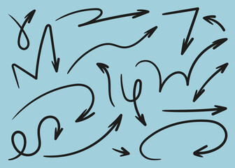 Set of simple hand drawn black arrows in various styles. Doodle arrow collection with curved, straight, zigzag and sketchy lines. Minimal vector design elements for direction and navigation.