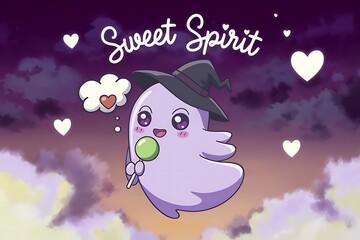Fototapeta premium Cute purple ghost wearing a witch hat eating a lollipop