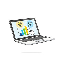 A laptop displaying a bar graph with icons representing ideas and settings, and a cursor clicking on the graph.