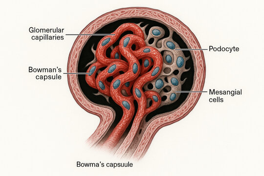 Anatomical illustration of a glomerulus, highlighting Bowman's capsule, glomerular capillaries, podocytes, and mesangial cells.