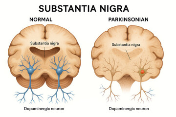 Comparative illustration of a normal substantia nigra and a substantia nigra affected by Parkinson's disease, depicting dopaminergic neurons.