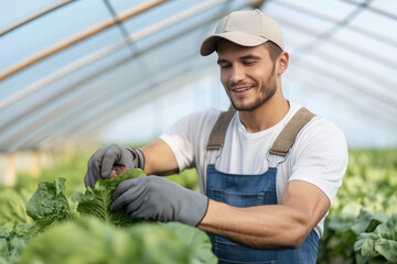 Young man in cap and gloves smiling as he inspects and harvests fresh green lettuce in a bright hydroponic greenhouse, showcasing sustainable urban farming and quality produce