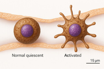 Microscopic view of a normal quiescent cell and an activated cell, illustrating cellular morphology changes.