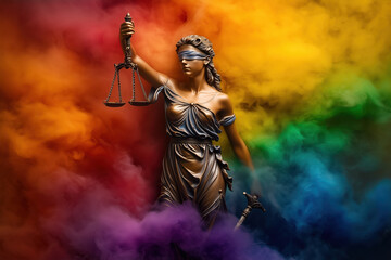 Lady justice statue holding scales amidst rainbow smoke