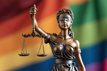 Lady justice statue with blindfold and scales standing before a blurred rainbow pride flag, symbolizing equality, lgbtq plus rights, legal fairness and social justice advocacy