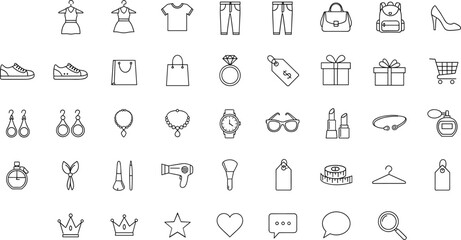 Fashion and Beauty Icons for Clothing, Accessories, Makeup, Shopping, Jewelry, Perfume, Hair Tools, Price Tags, Retail, and Style Elements