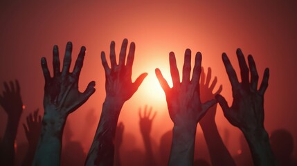 Silhouetted hands reach towards a glowing light, creating a haunting atmosphere with a sense of desperation and yearning.