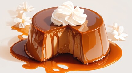 Sweet flan dessert with caramel and whipped cream garnish