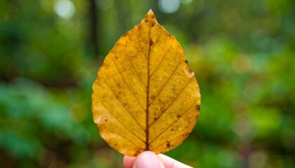 A single yellow leaf is held in the foreground against a blurred forest background