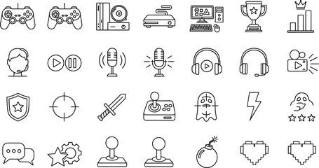 Gaming and Streaming Icons for Consoles, Controllers, Microphones, Headphones, Chat, Joysticks, Trophies, Video Tools, Hearts, and User Profiles