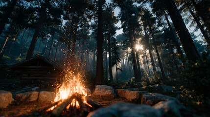 Obraz premium A fire is burning in a wood pile